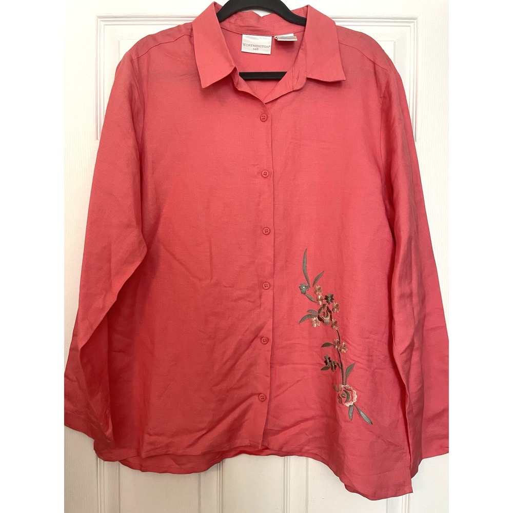 Worthington top blouse Linen blend size 16 T tall pink embroidered long sleeve